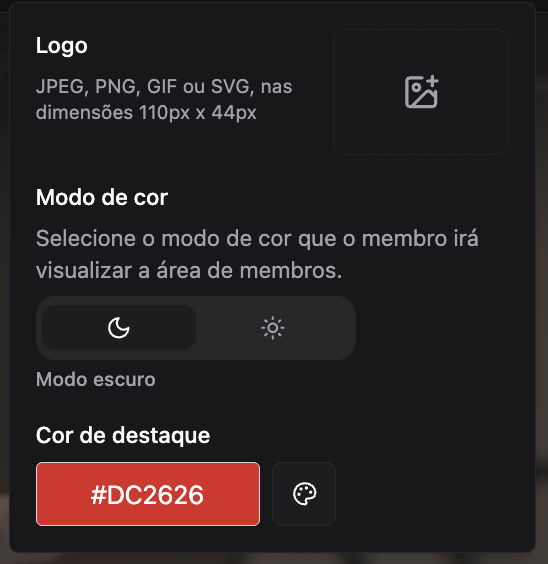 Opções de aparência: logo, modo de cor e cor de destaque