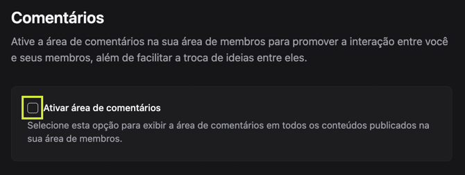 Opção Ativar área de comentários nas configurações