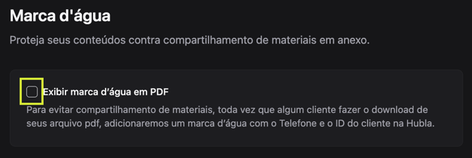 Opção Exibir marca d’água em PDF nas configurações