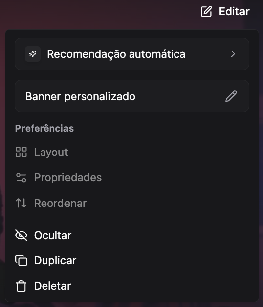 Opções de edição do banner personalizado