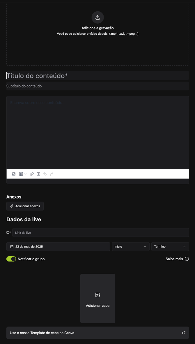 Tela de configuração do evento ou live