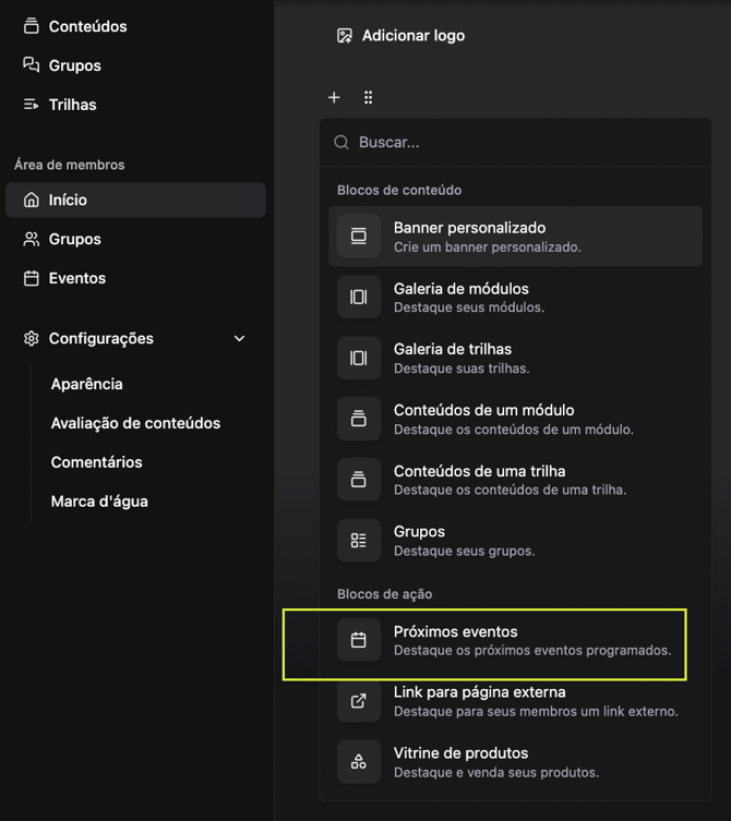 Bloco Próximos eventos na página inicial
