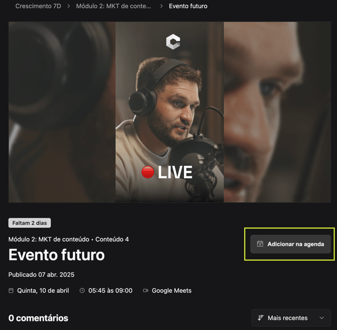 Detalhes do evento com link de acesso e opção de adicionar ao calendário