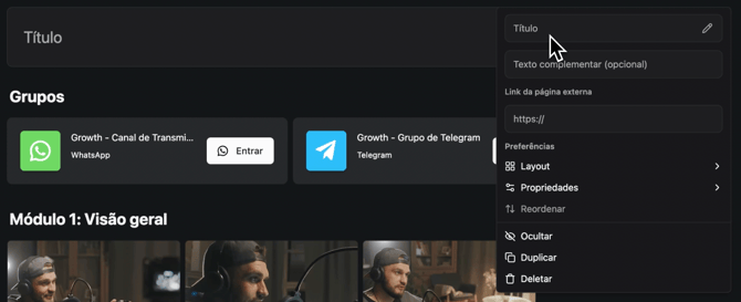 Configuração do bloco Link para página externa