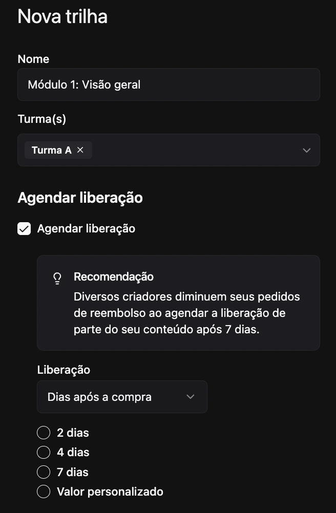 Configurações da nova trilha: título, turmas e agendamento