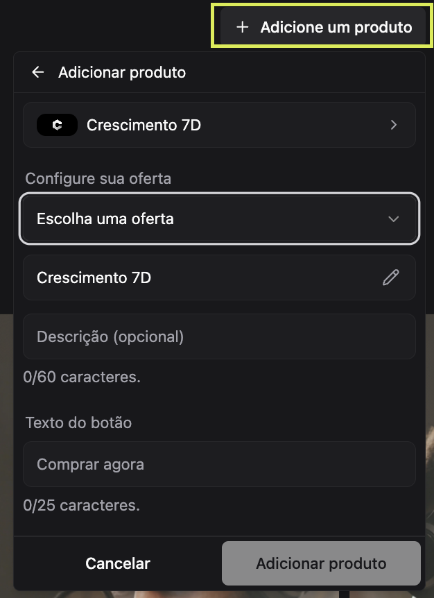 Configuração de produto na Vitrine de Produtos