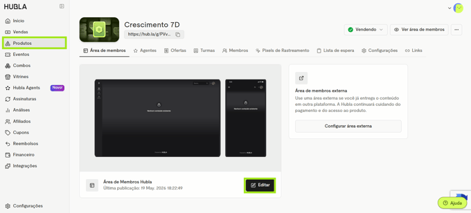 Menu Produtos e botão Editar na aba Área de membros do produto