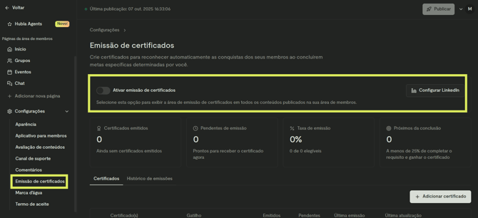 Tela Emissão de certificados, com a opção Ativar emissão de certificados