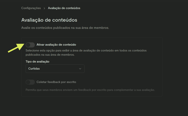 Tela Avaliação de conteúdos, com tipo de avaliação e opção de feedback por escrito