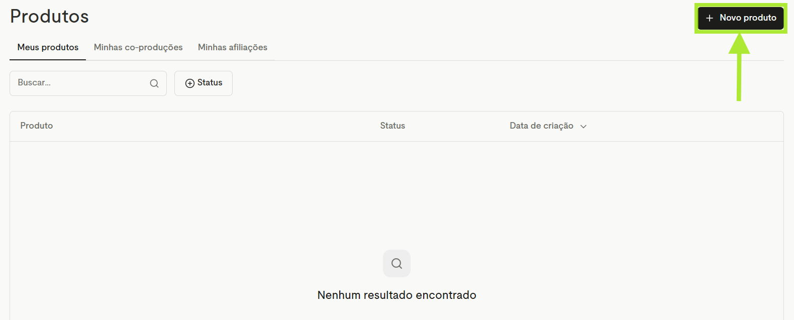 Tela Produtos com o botão + Novo produto destacado no canto superior direito