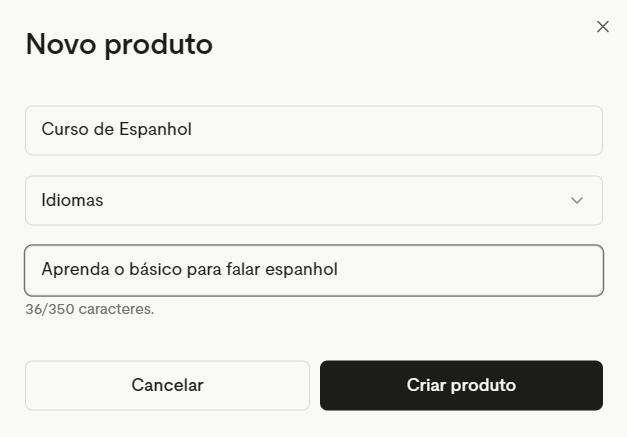 Janela Novo produto com nome, categoria e descrição preenchidos e o botão Criar produto