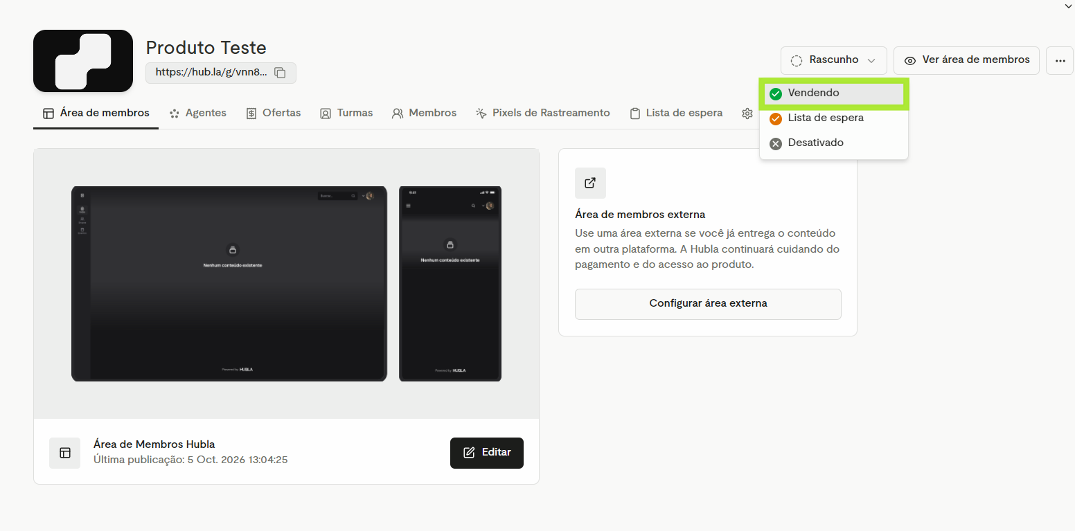 Menu de status aberto a partir de Rascunho, com Vendendo destacado e as opções Lista de espera e Desativado