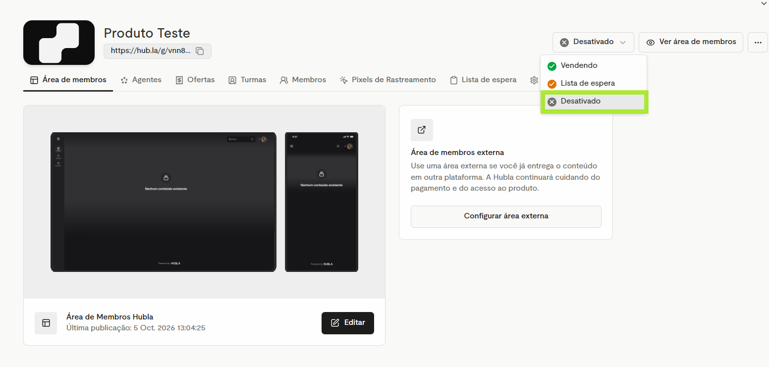 Menu de status aberto com as opções Vendendo, Lista de espera e Desativado, e Desativado destacado