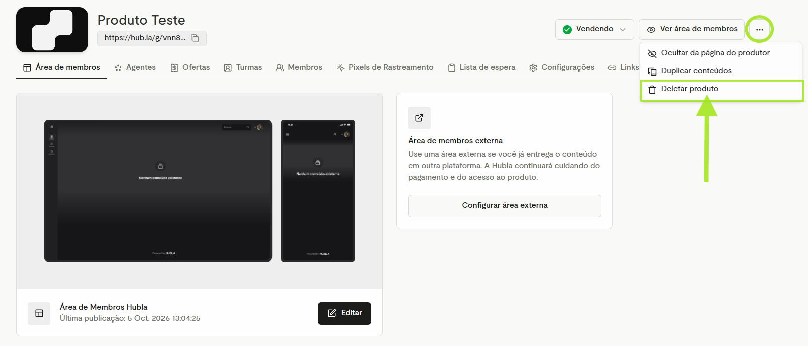 Menu dos 3 pontinhos aberto com as opções Ocultar da página do produtor, Duplicar conteúdos e Deletar produto, com Deletar produto destacado