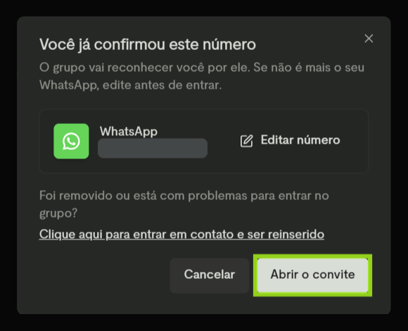 Janela de confirmação do WhatsApp, com Editar número e o botão Abrir o convite destacados