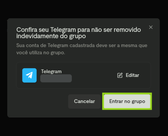 Janela de confirmação do Telegram, com a conta cadastrada, o botão Editar e o botão Entrar no grupo
