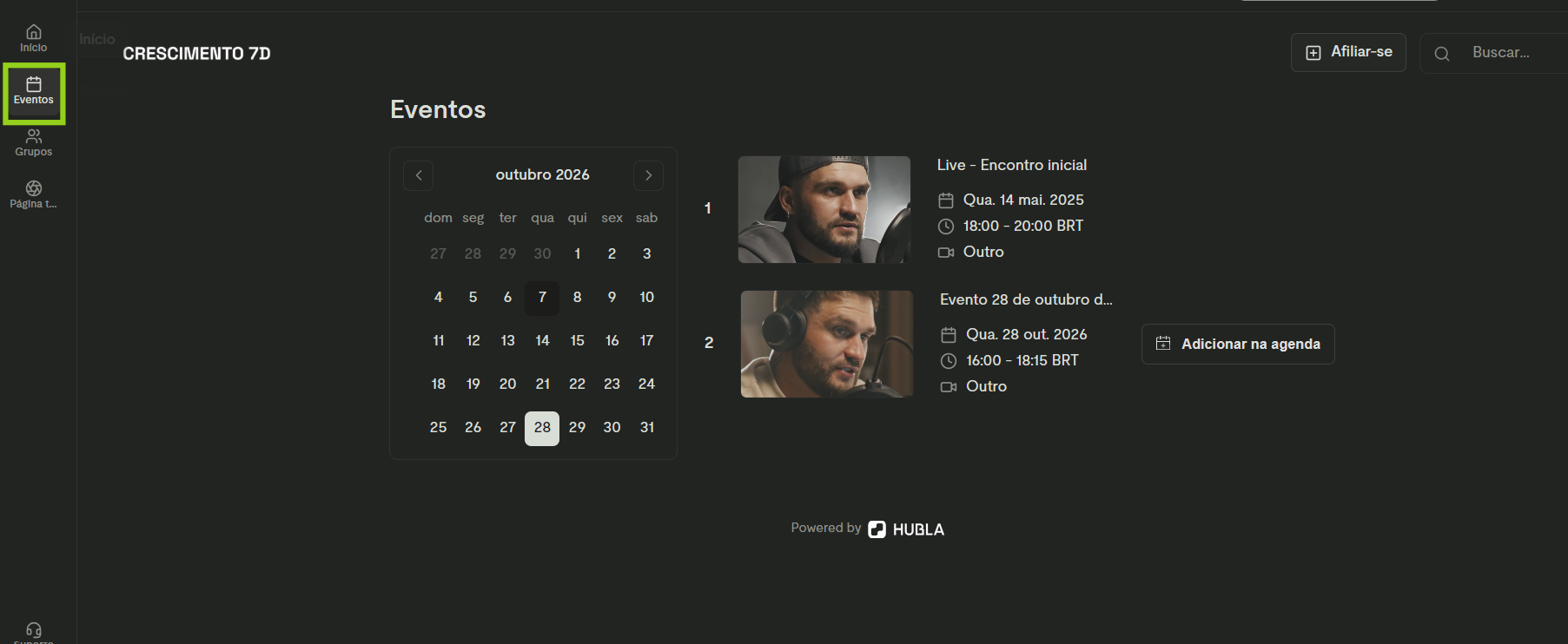 Menu Eventos com calendário e a lista de lives e encontros programados, com o botão Adicionar na agenda