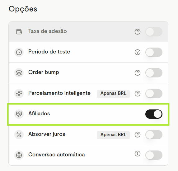 Opção Afiliados nas opções da oferta