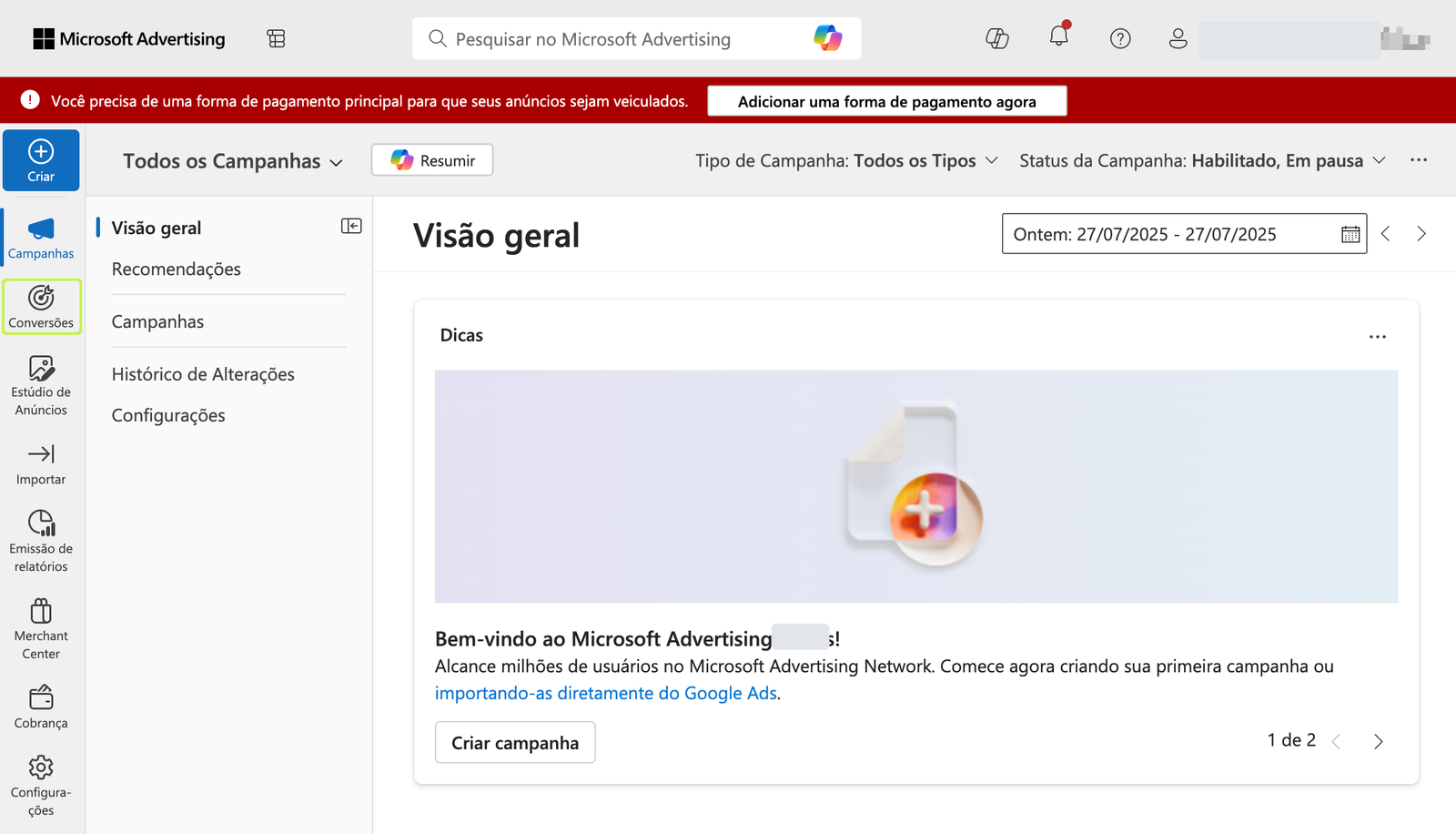 Menu lateral do Microsoft Advertising com a opção Conversões