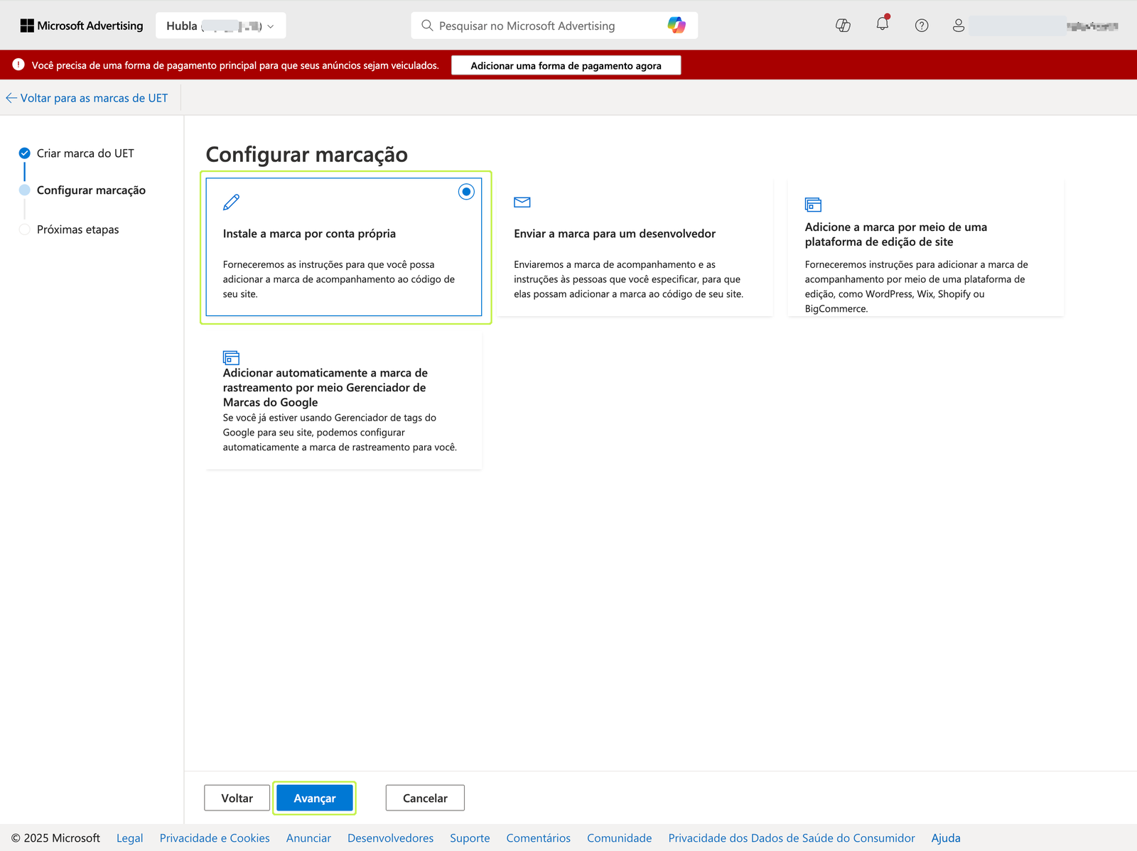 Opção Instale a marca por conta própria selecionada