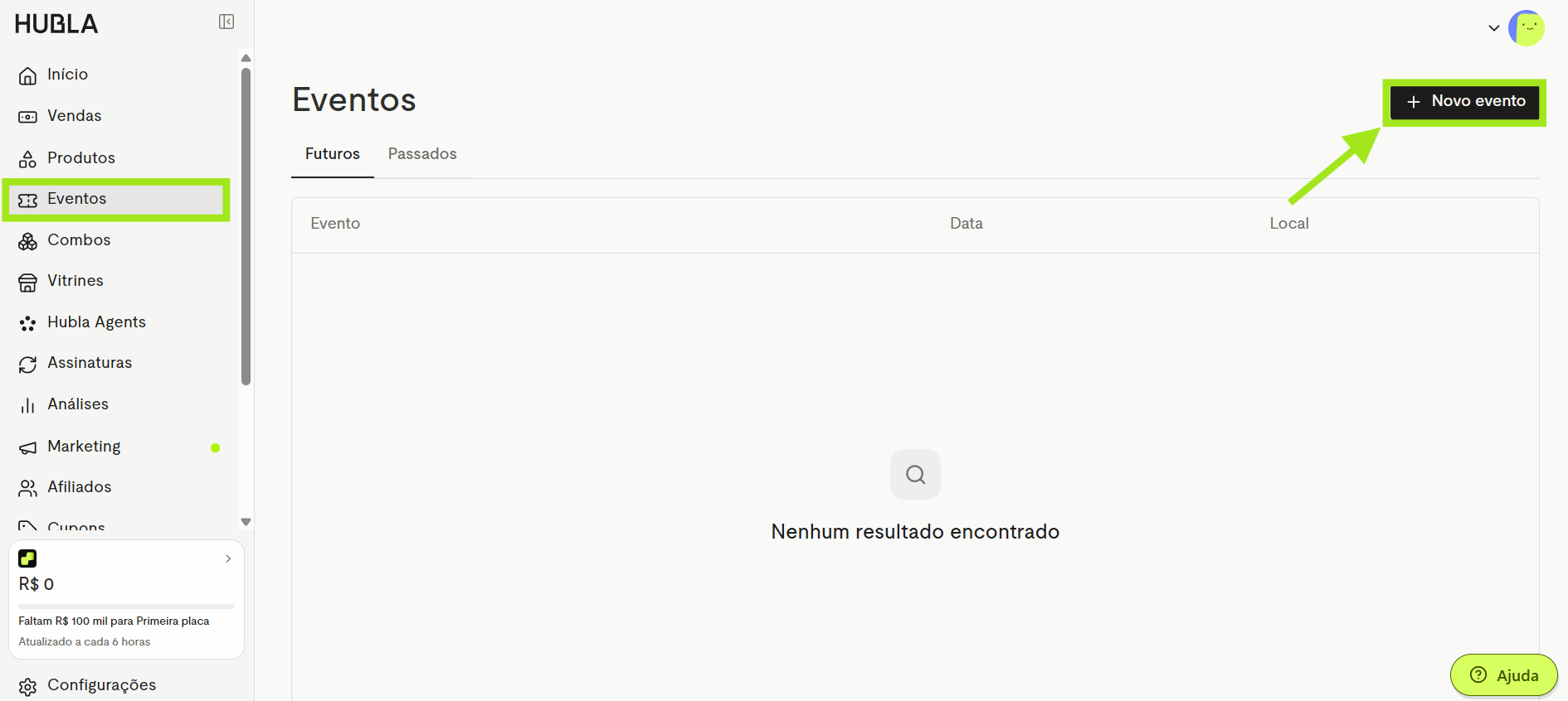Tela Eventos com o menu Eventos e o botão Novo evento em destaque