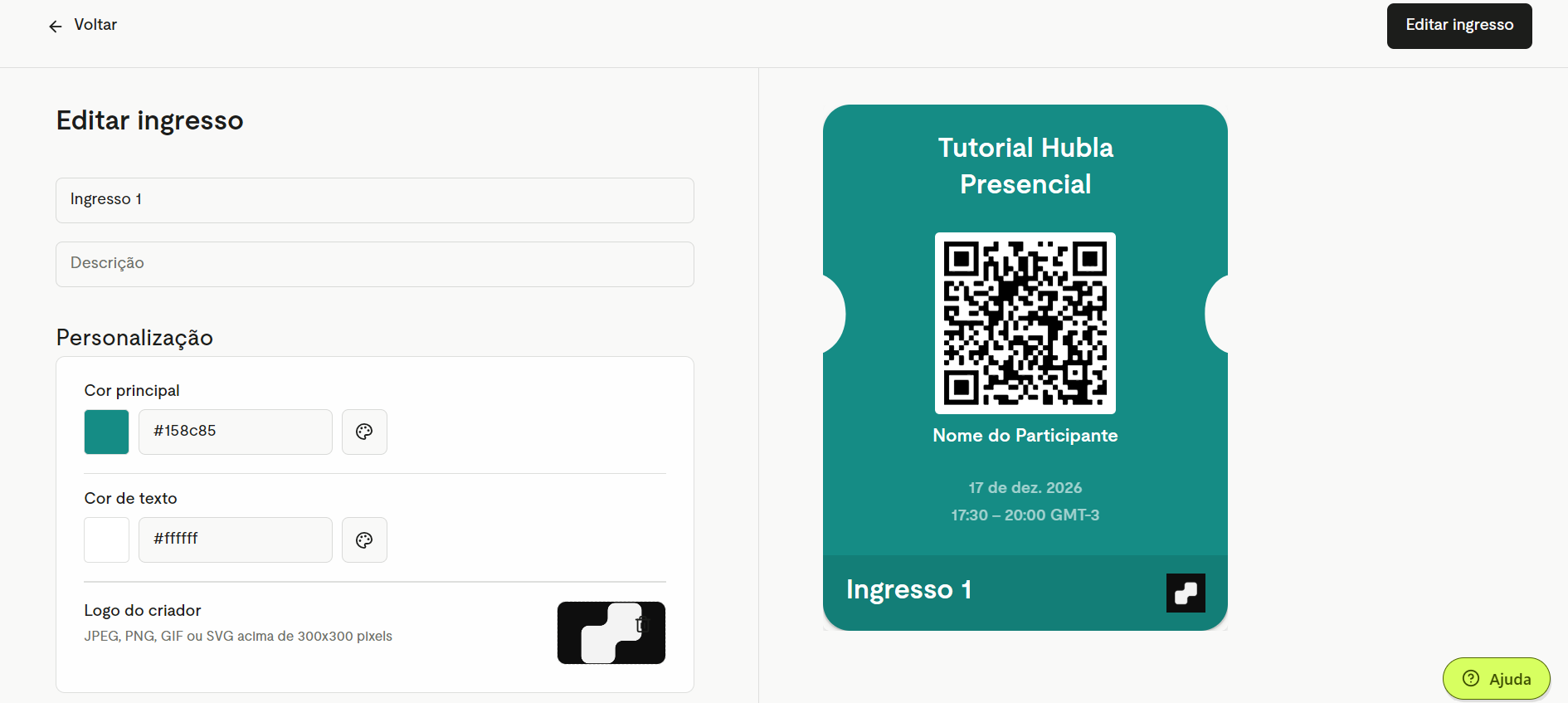 Tela Editar ingresso com a prévia do ingresso personalizado