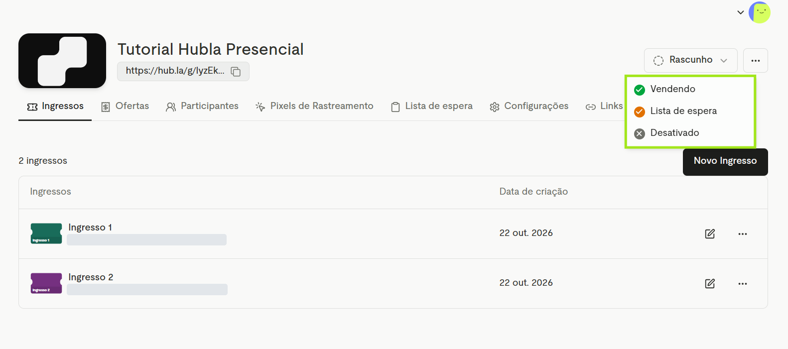 Menu de status do evento com as opções Vendendo, Lista de espera e Desativado