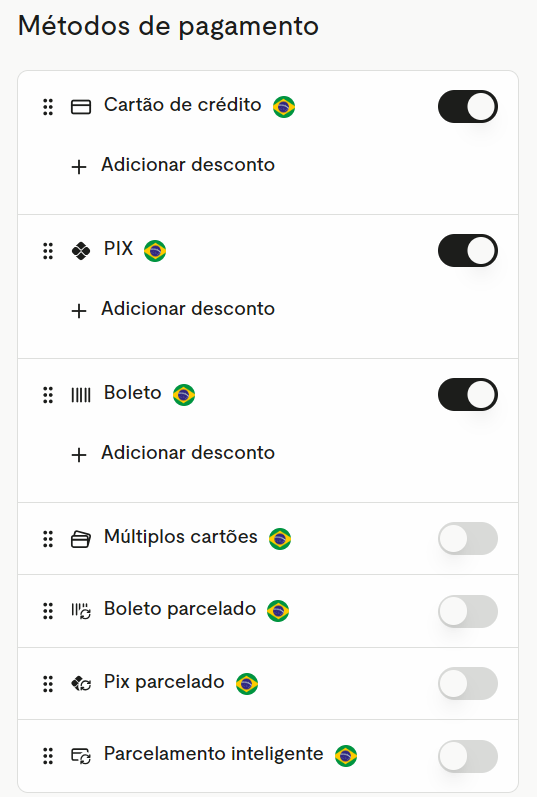 Métodos de pagamento da oferta