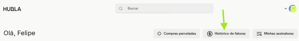 Painel da Hubla com o botão Histórico de faturas