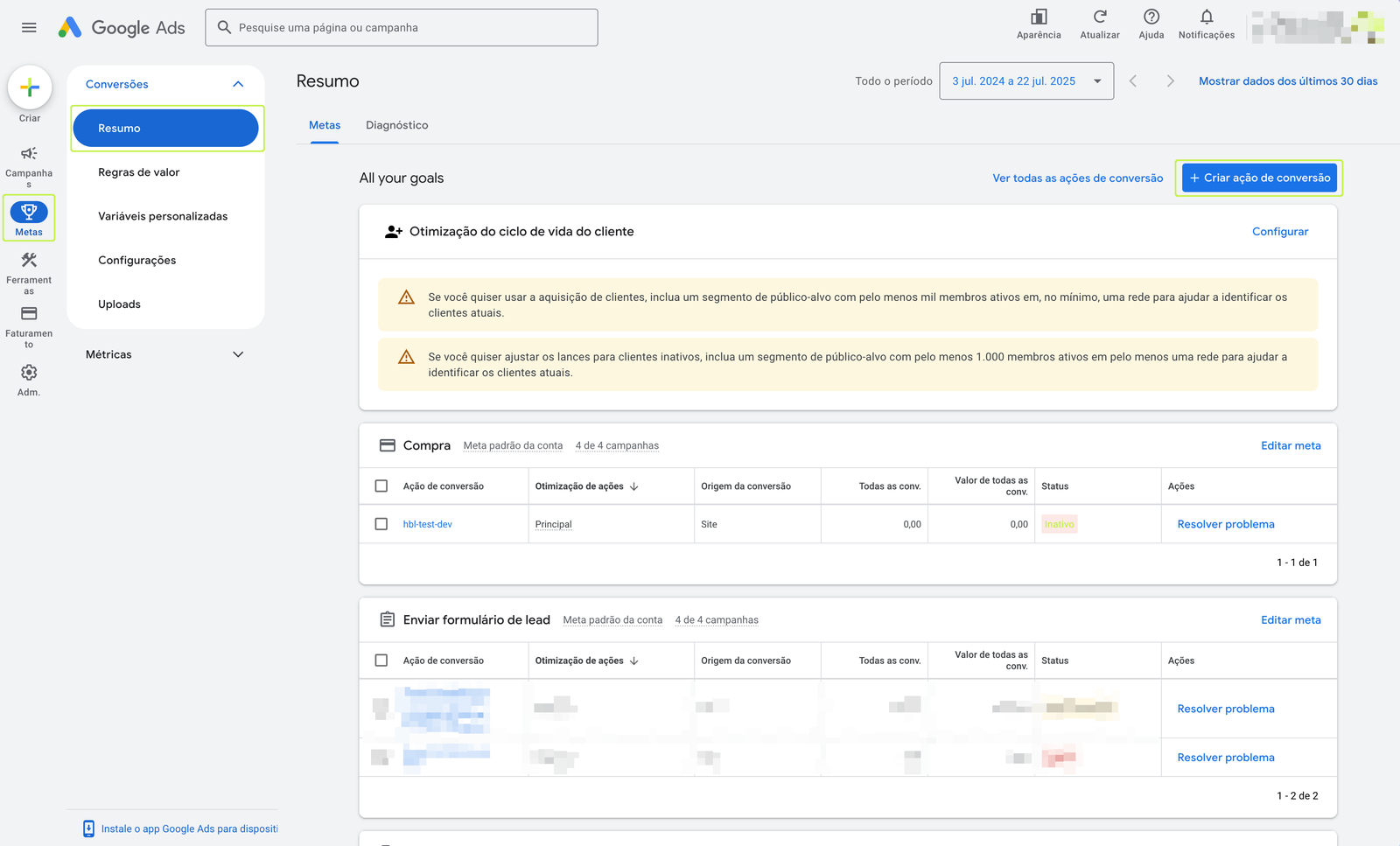 Google Ads com a aba Metas e o botão Criar ação de conversão