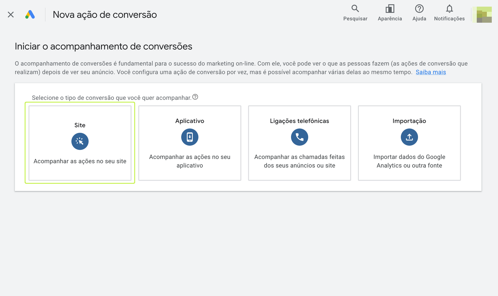 Tipo de conversão Site selecionado no Google Ads