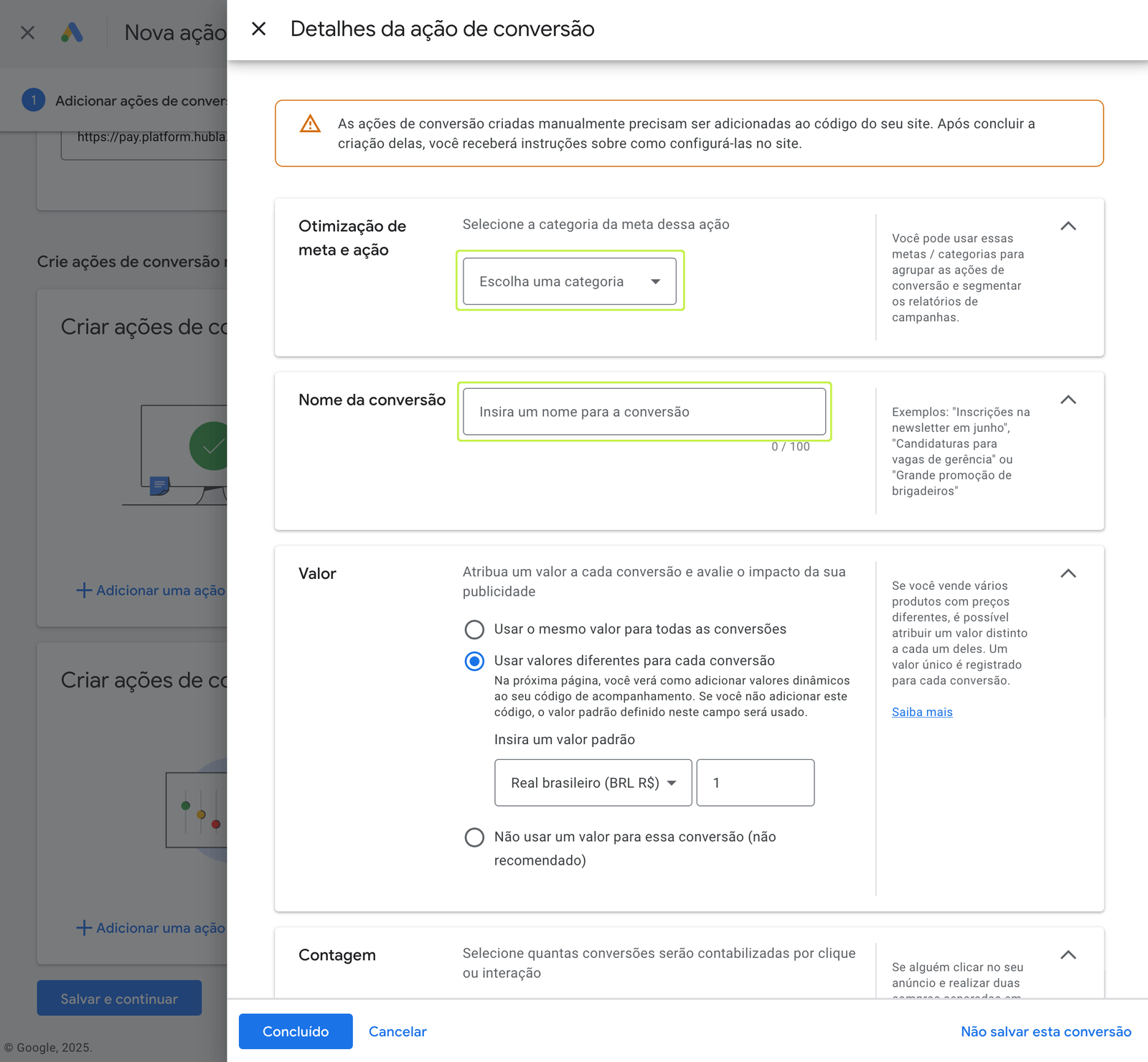 Detalhes da ação de conversão no Google Ads