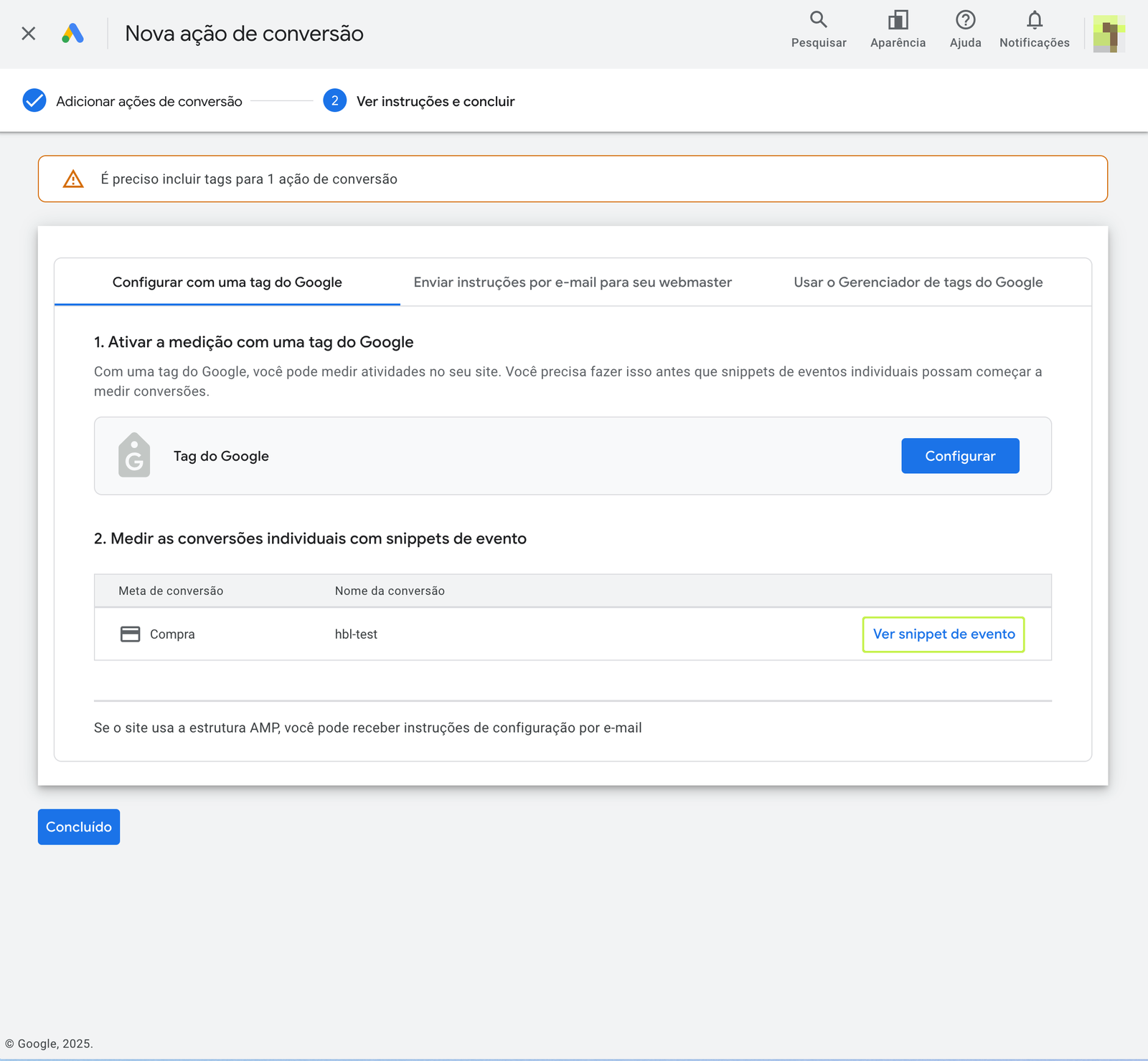 Botão Ver snippet de evento no Google Ads