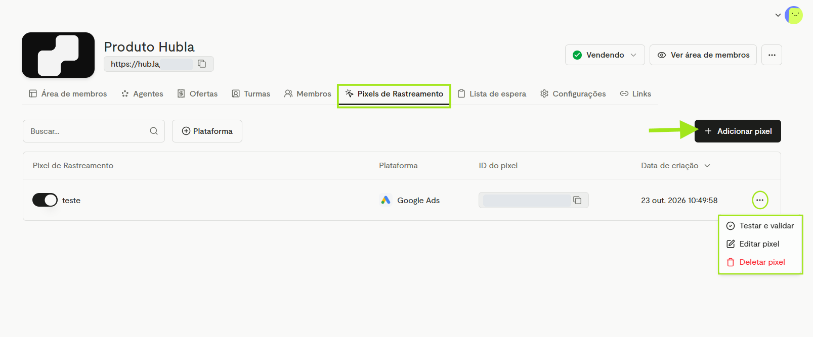 Aba Pixels de Rastreamento do produto com o botão Adicionar pixel
