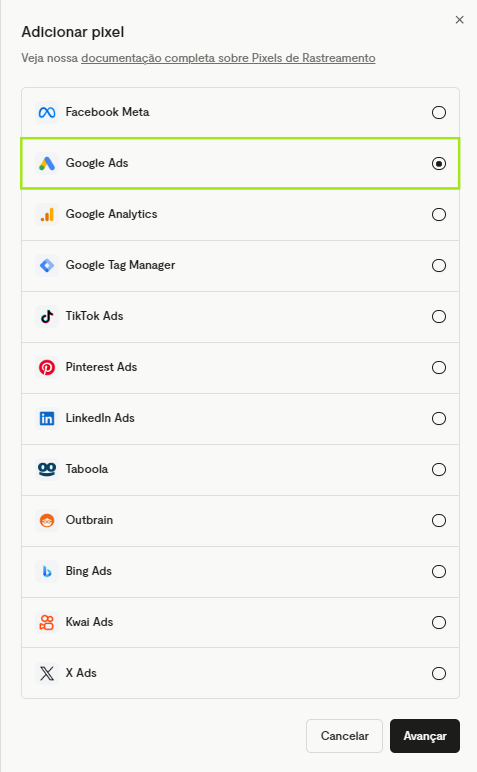 Janela Adicionar pixel com a opção Google Ads selecionada