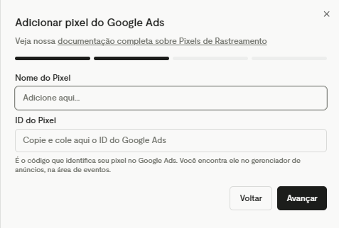 Campos Nome do Pixel e ID do Pixel
