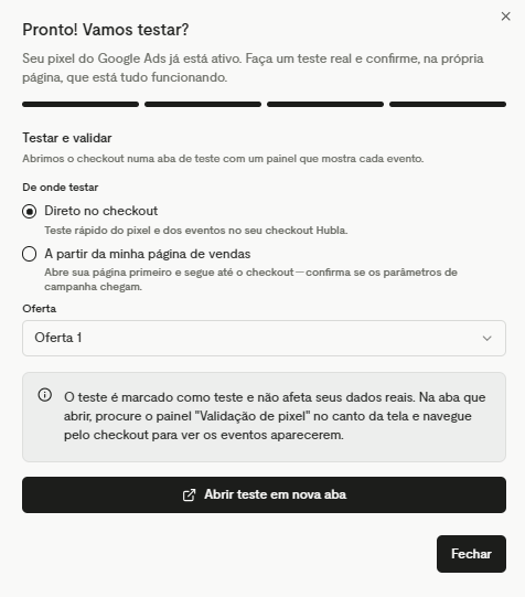 Tela Pronto! Vamos testar? com as opções de teste do pixel