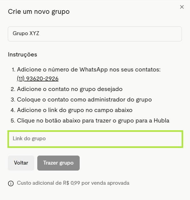 Instruções para trazer o grupo de WhatsApp com o campo Link do grupo