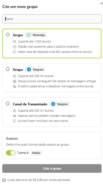 Janela de criar grupo com a opção Grupo de WhatsApp