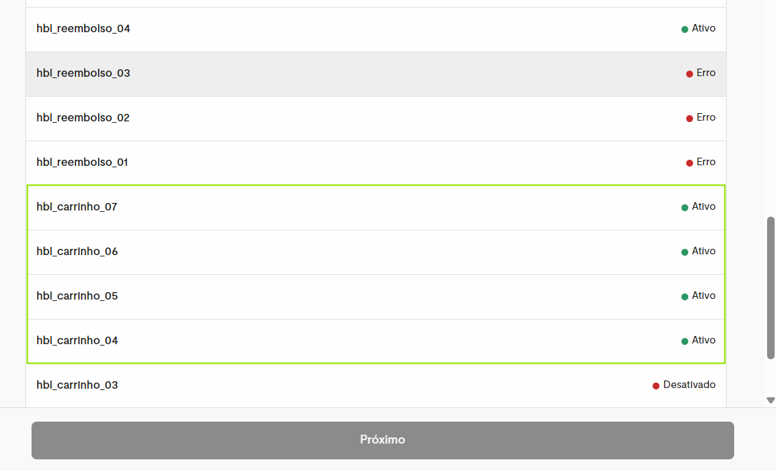 Lista de templates de carrinho