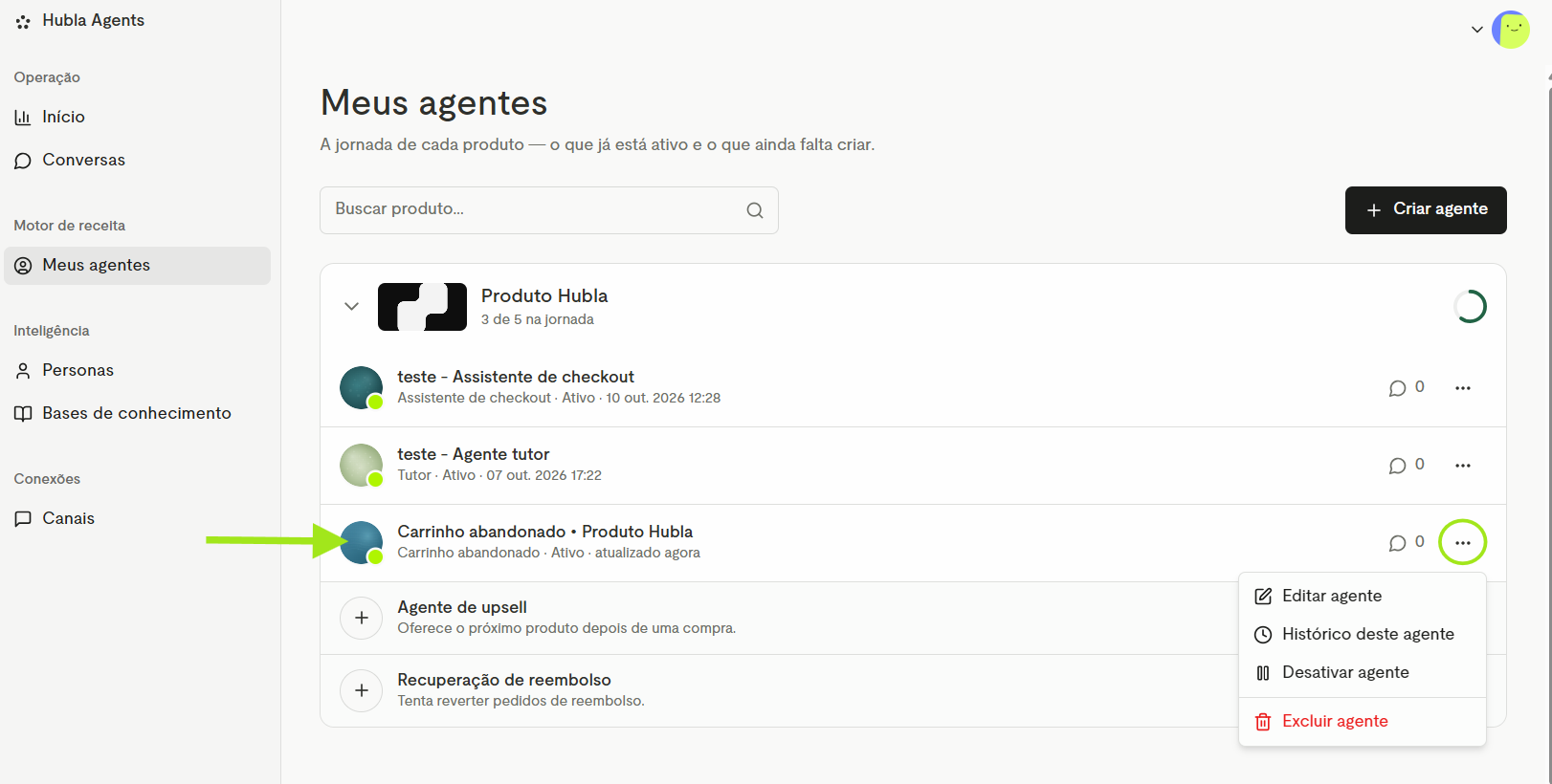Agente de carrinho abandonado ativo e menu de opções