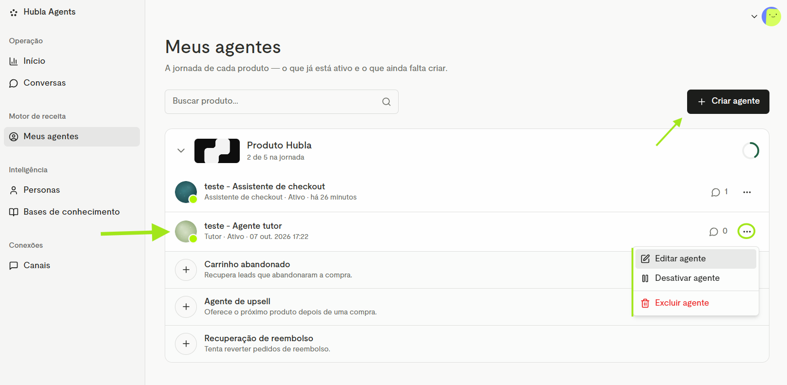 Meus agentes com o Agente Tutor e o menu de opções