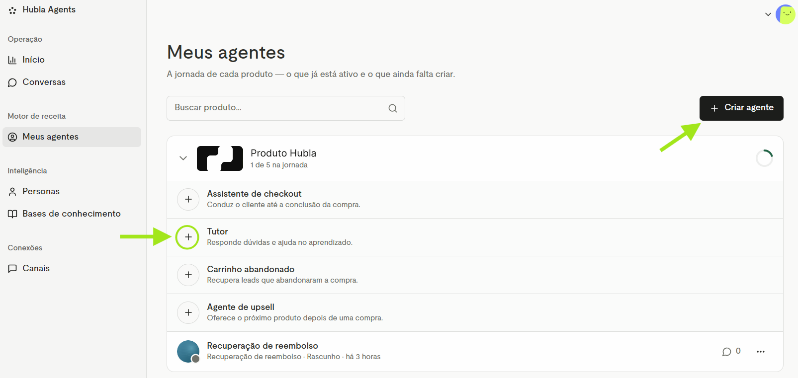 Tela Meus agentes com o botão + do Tutor e o botão Criar agente em destaque