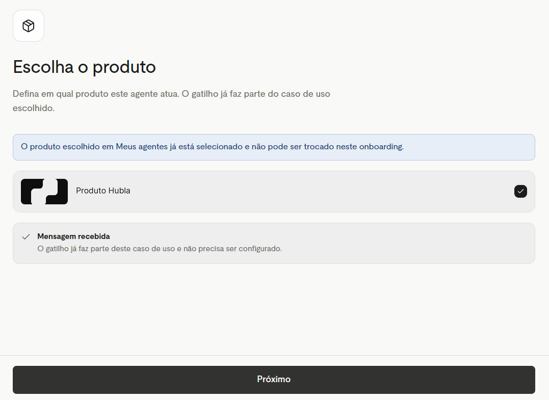 Tela Escolha o produto com o gatilho Mensagem recebida