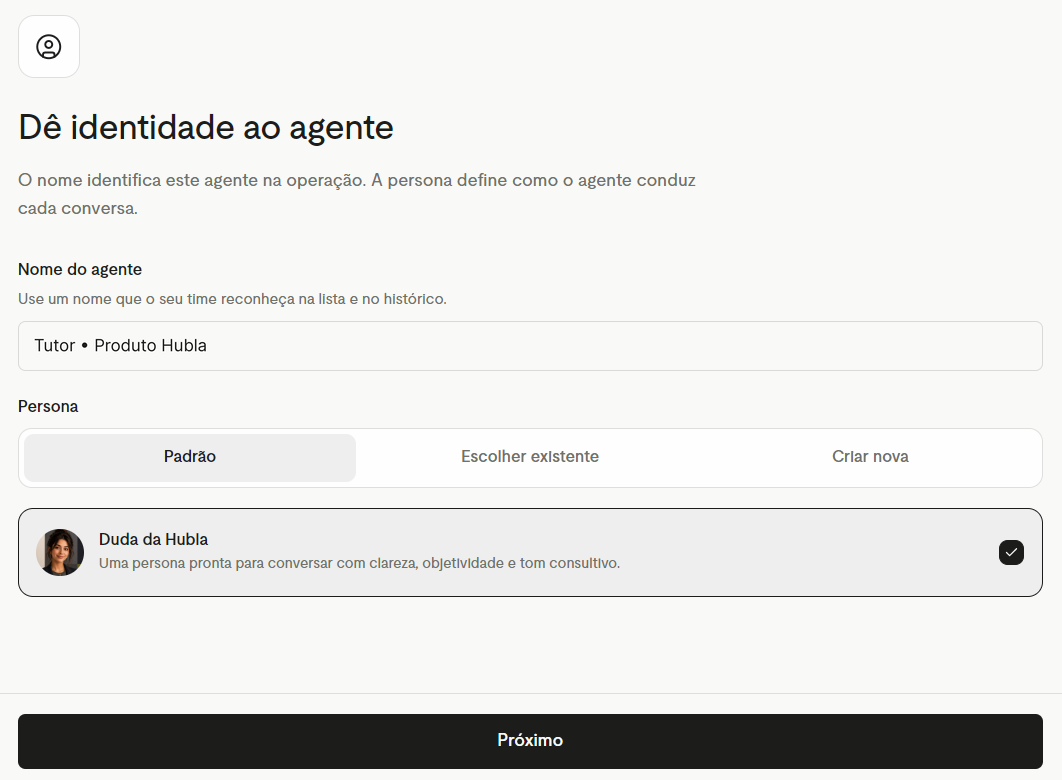 Tela Dê identidade ao agente com nome e persona