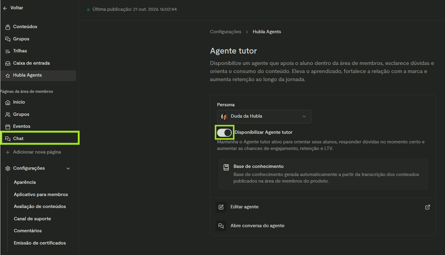Configurações da área de membros em Hubla Agents com a opção Disponibilizar Agente tutor e a página Chat em destaque