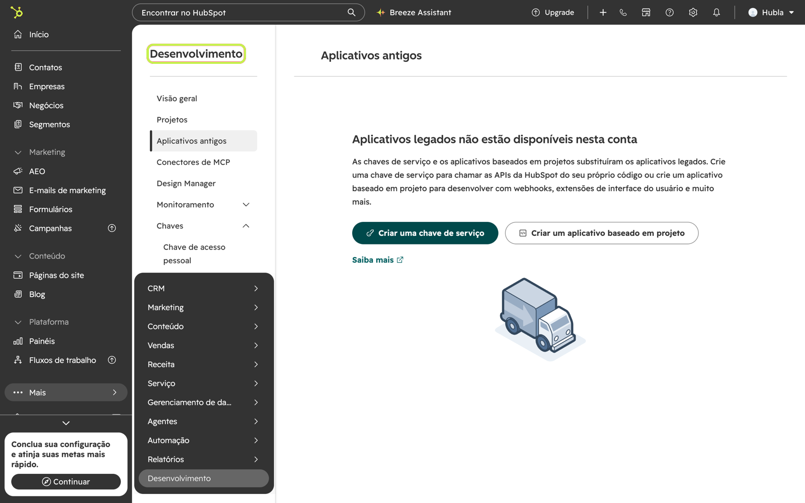 Menu Mais do HubSpot com a opção Desenvolvimento