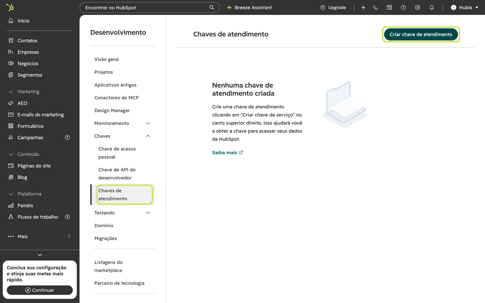 Tela Chaves de atendimento do HubSpot com o botão Criar chave de atendimento