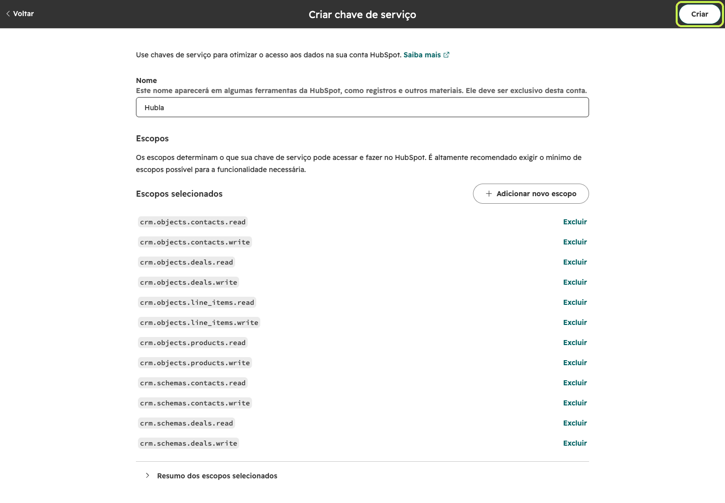 Tela Criar chave de serviço com o nome Hubla e os escopos selecionados