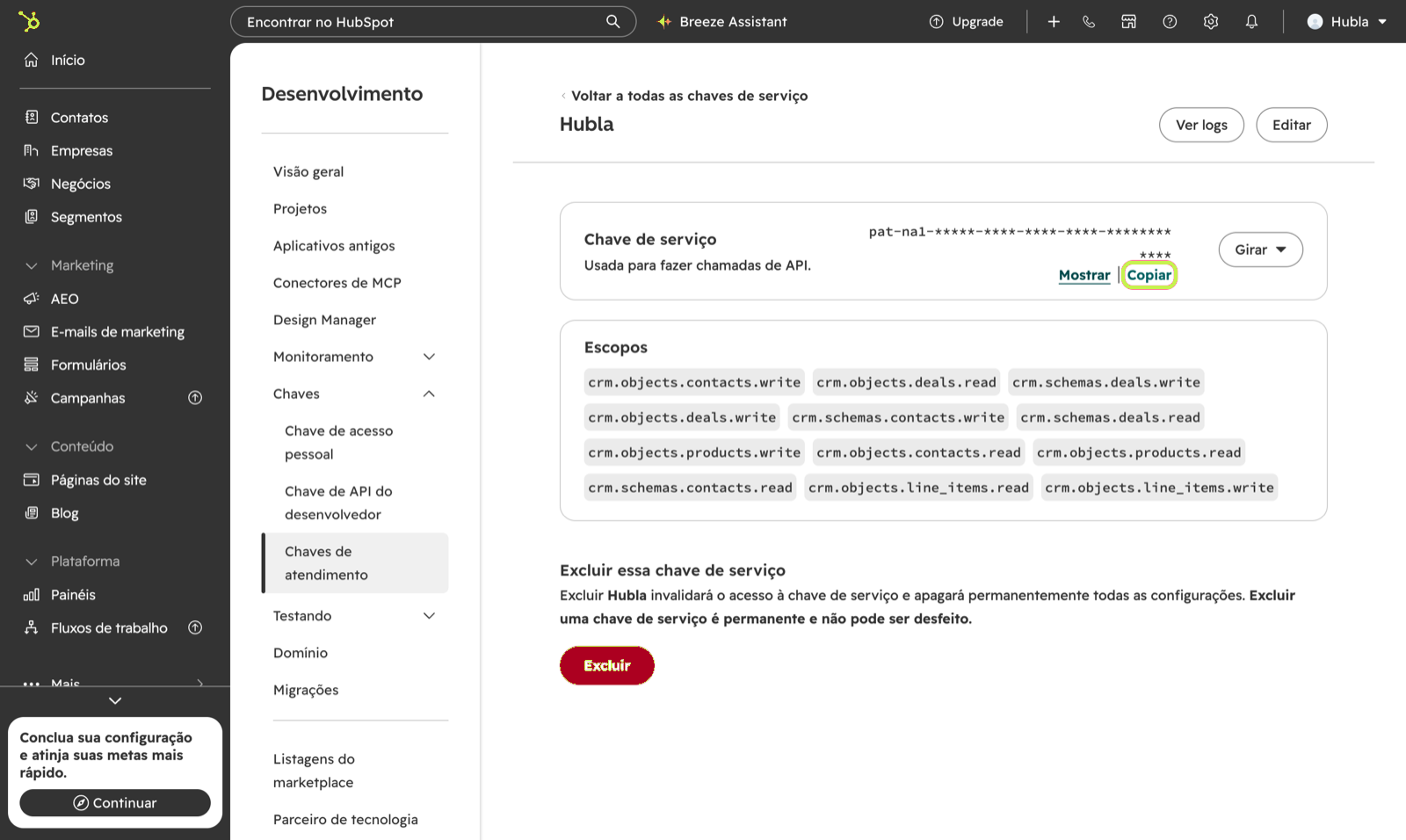 Página da chave de serviço no HubSpot com o botão Copiar